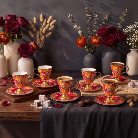Aryıldız Begonia 12 Parça 6 Kişilik Kahve Fincan Takımı Kırmızı 100 ml - ARYILDIZ