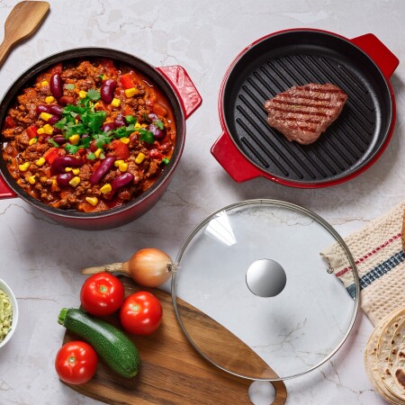 Aryıldız Duo Cast İron Tencere/Çift Kulplu Tava Kırmızı 24 cm - ARYILDIZ