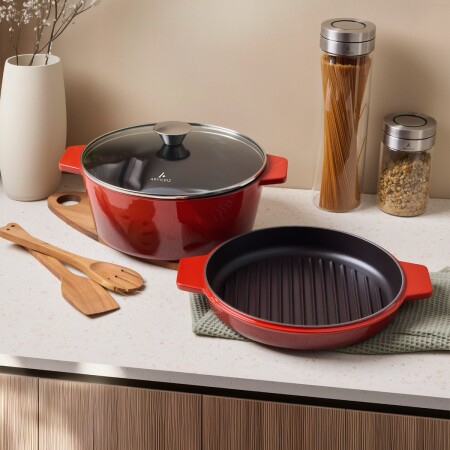 Aryıldız Duo Cast İron Tencere/Çift Kulplu Tava Kırmızı 24 cm - 2