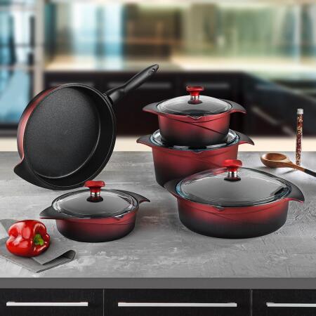 Aryıldız Flipper Kırmızı Siyah 9 Parça Cam Tencere Seti - ARYILDIZ