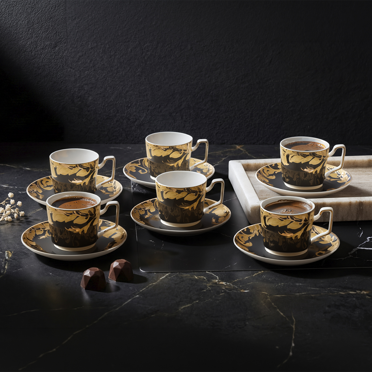 Aryıldız Peony Siyah 12 Parça 6 Kişilik Kahve Fincan Takımı